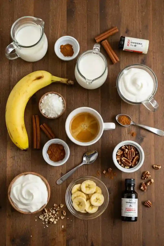 All ingredients needed to make a banana bread latte arranged on a rustic table.