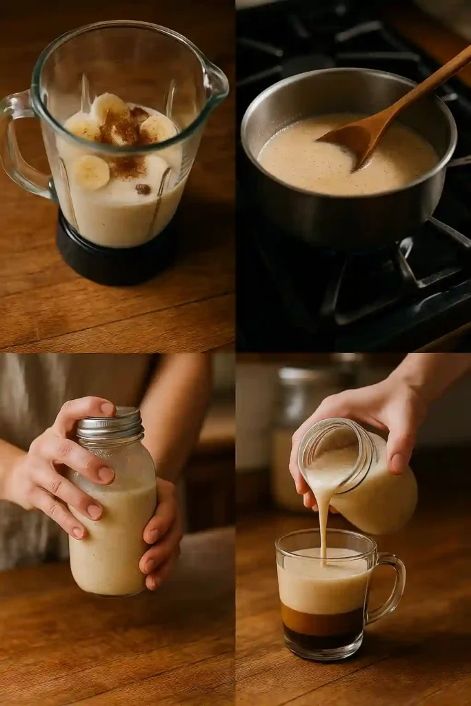Step-by-step visuals showing the banana bread latte preparation process.
