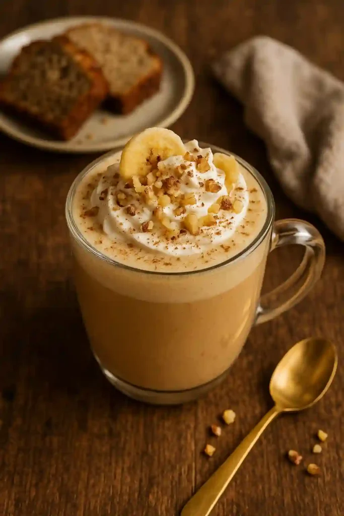 Banana bread latte with whipped topping served next to banana bread slices.