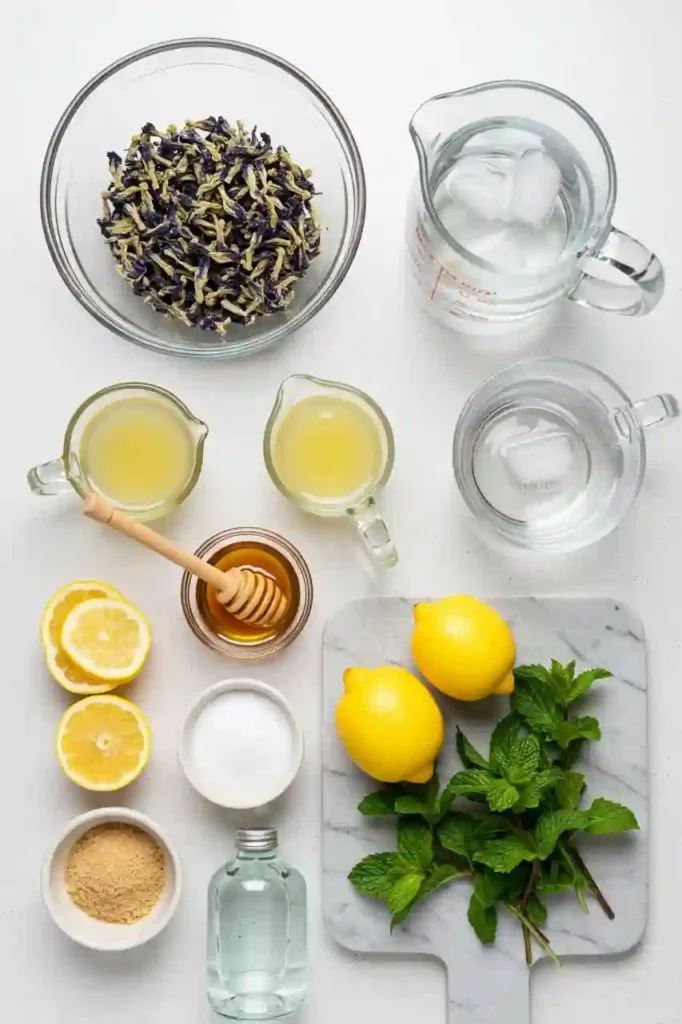 Ingredients for butterfly pea lemonade displayed on a white kitchen counter