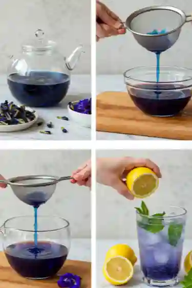 Four-step collage showing how to prepare butterfly pea lemonade