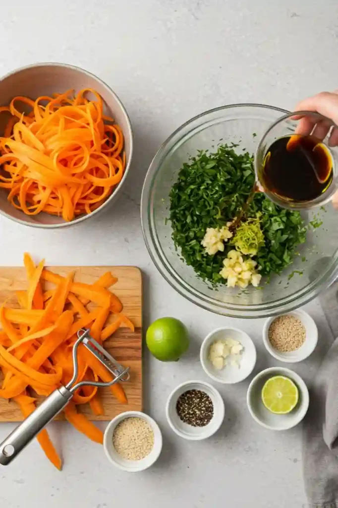 Step-by-step carrot ribbon salad preparation with dressing being poured into chopped herbs