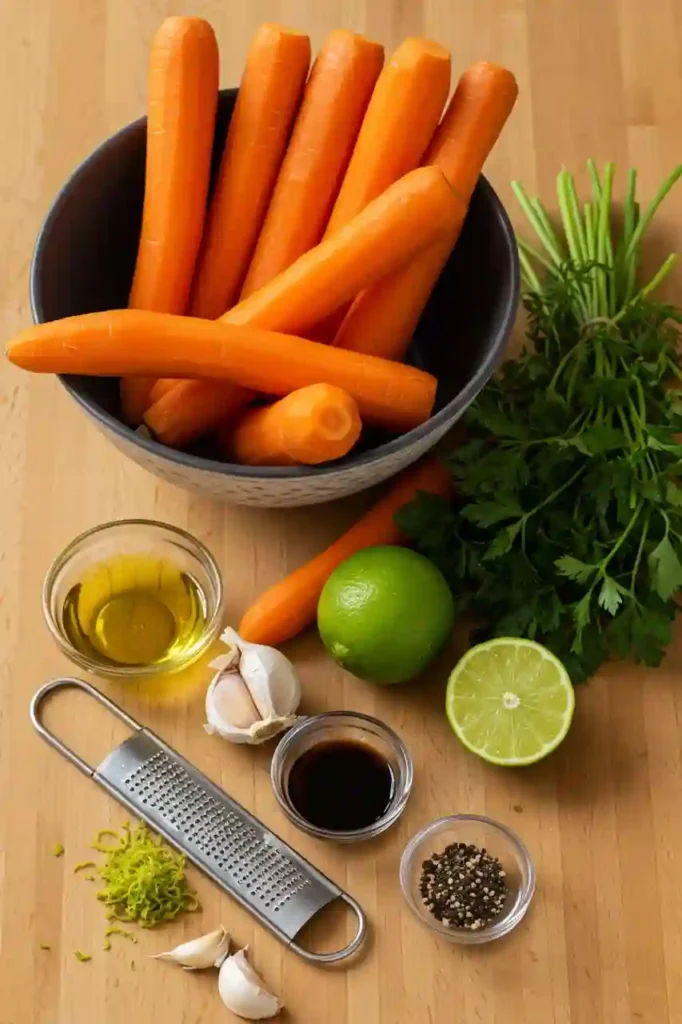 Carrot ribbons, parsley, lime, garlic, and sesame seeds prepared for carrot ribbon salad