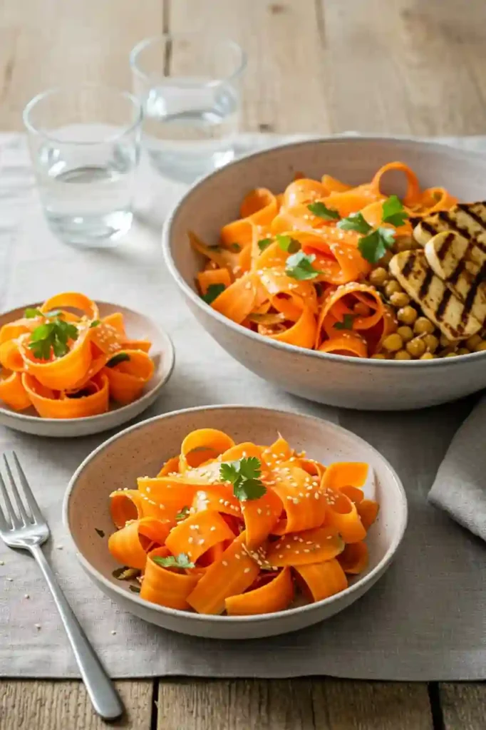 Carrot ribbon salad served in portioned bowls for side and main dish presentations