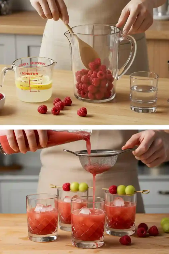 Muddling raspberries and straining cocktail mix for fresh raspberry honey deuce