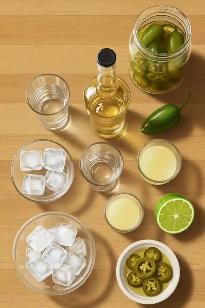 Ingredients for a pickled jalapeño margarita laid out on a wooden surface