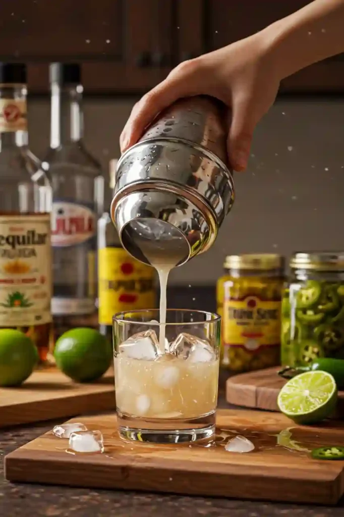 Cocktail shaker pouring a fresh pickled jalapeño margarita over ice