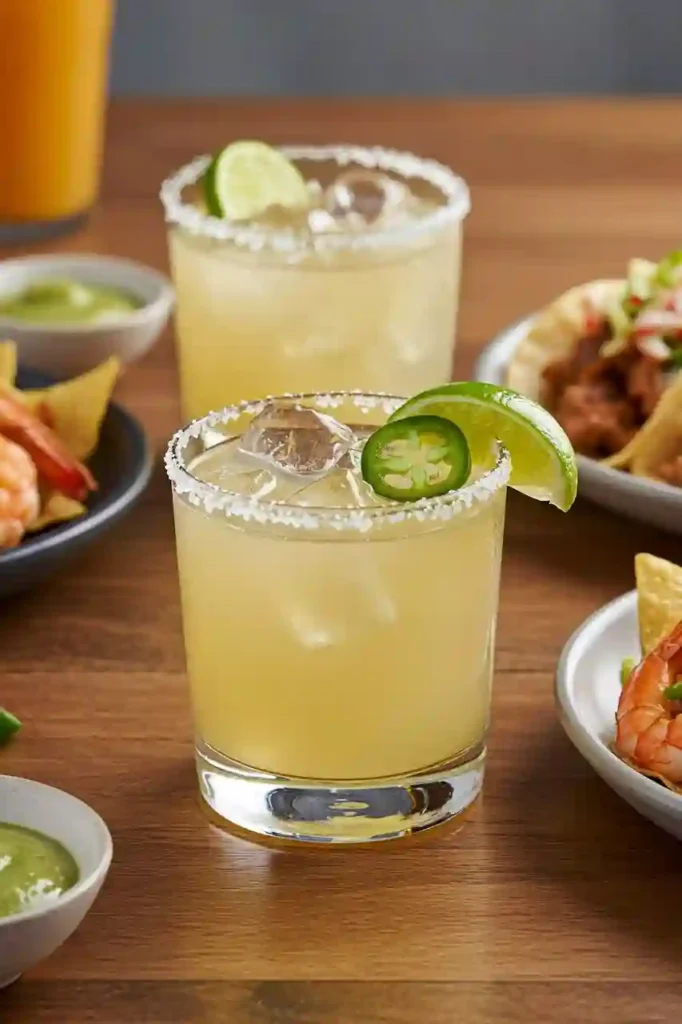 Served pickled jalapeño margarita with garnish and sides on a rustic table