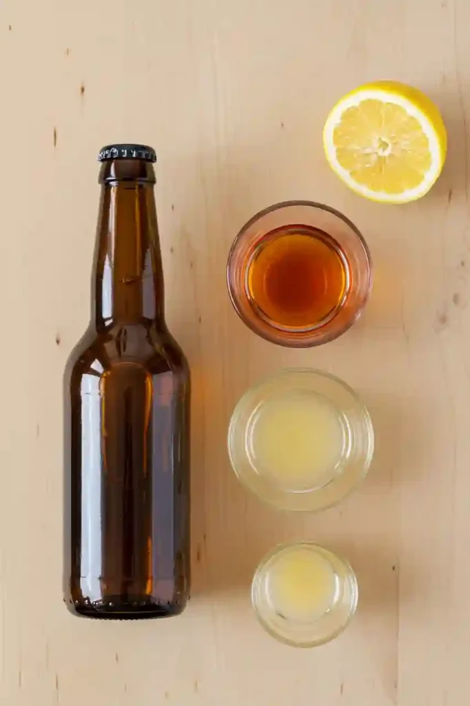 Ingredients for Spaghett cocktail: beer, Aperol, lemon juice