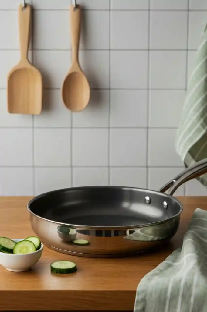 Sparkling clean pan beside used cucumber slice and cloth on wood table