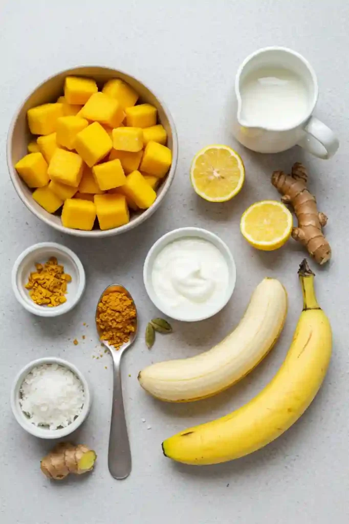 Ingredients for mango turmeric smoothie on a light background
