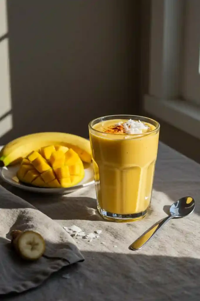 Mango turmeric smoothie served in a glass with visible ingredients