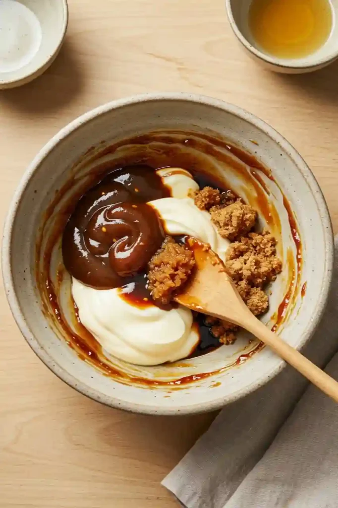 Mixing tram sauce ingredients in one bowl